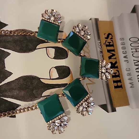 J. Crew Green & Clear Chunky Statement Gold Tone Necklace Fashion Costume GUC - Picture 13 of 16